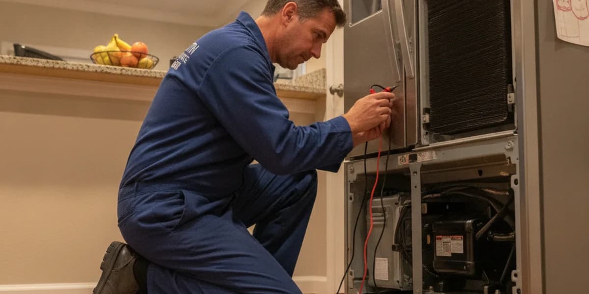 Technician repairing a refrigerator in an Austin home