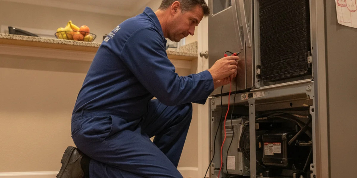 Technician repairing a refrigerator in an Austin home